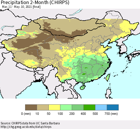 China, Mongolia and Taiwan Precipitation 2-Month (CHIRPS) Thematic Map For 3/11/2021 - 5/10/2021