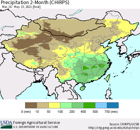 China, Mongolia and Taiwan Precipitation 2-Month (CHIRPS) Thematic Map For 3/16/2021 - 5/15/2021