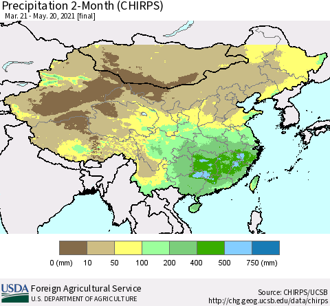 China, Mongolia and Taiwan Precipitation 2-Month (CHIRPS) Thematic Map For 3/21/2021 - 5/20/2021