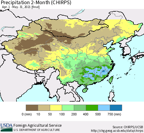 China, Mongolia and Taiwan Precipitation 2-Month (CHIRPS) Thematic Map For 4/1/2021 - 5/31/2021