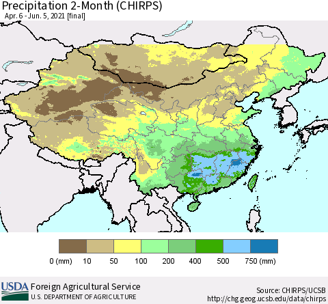 China, Mongolia and Taiwan Precipitation 2-Month (CHIRPS) Thematic Map For 4/6/2021 - 6/5/2021