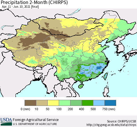 China, Mongolia and Taiwan Precipitation 2-Month (CHIRPS) Thematic Map For 4/11/2021 - 6/10/2021