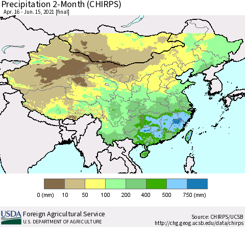 China, Mongolia and Taiwan Precipitation 2-Month (CHIRPS) Thematic Map For 4/16/2021 - 6/15/2021