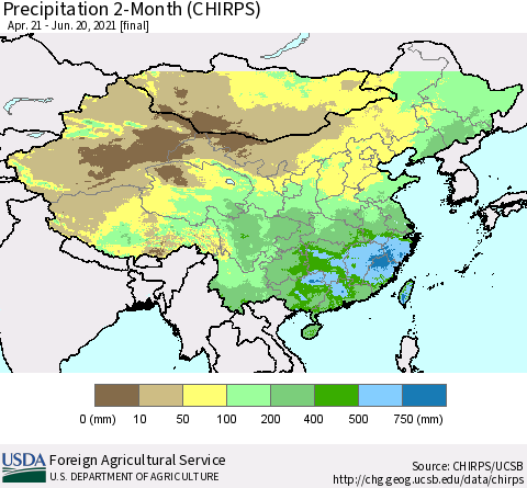 China, Mongolia and Taiwan Precipitation 2-Month (CHIRPS) Thematic Map For 4/21/2021 - 6/20/2021