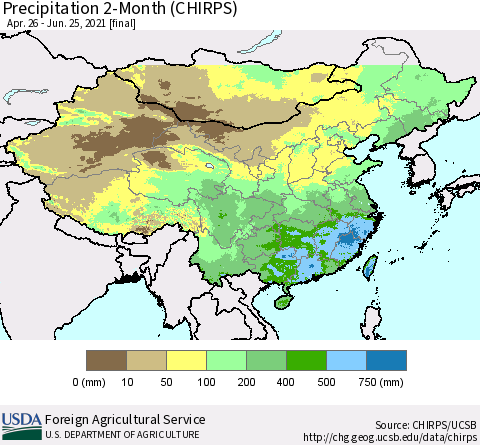 China, Mongolia and Taiwan Precipitation 2-Month (CHIRPS) Thematic Map For 4/26/2021 - 6/25/2021