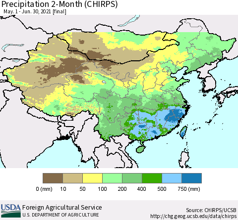 China, Mongolia and Taiwan Precipitation 2-Month (CHIRPS) Thematic Map For 5/1/2021 - 6/30/2021