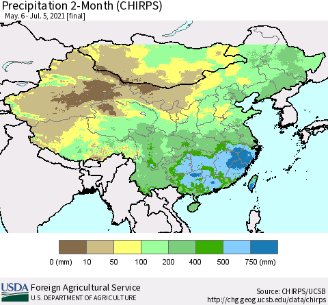 China, Mongolia and Taiwan Precipitation 2-Month (CHIRPS) Thematic Map For 5/6/2021 - 7/5/2021