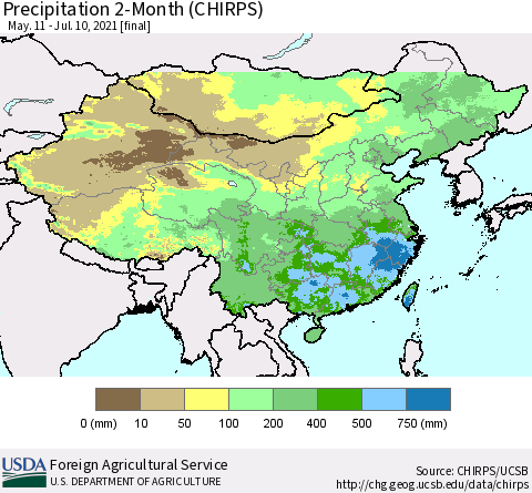 China, Mongolia and Taiwan Precipitation 2-Month (CHIRPS) Thematic Map For 5/11/2021 - 7/10/2021