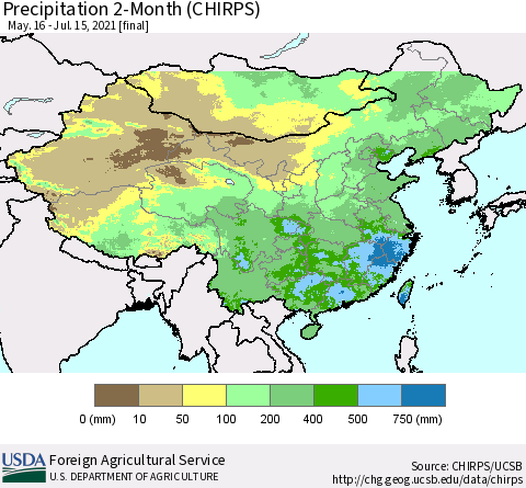China, Mongolia and Taiwan Precipitation 2-Month (CHIRPS) Thematic Map For 5/16/2021 - 7/15/2021