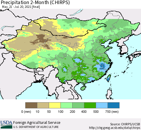 China, Mongolia and Taiwan Precipitation 2-Month (CHIRPS) Thematic Map For 5/21/2021 - 7/20/2021