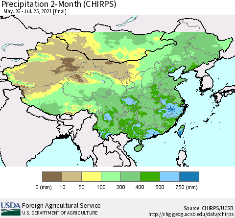 China, Mongolia and Taiwan Precipitation 2-Month (CHIRPS) Thematic Map For 5/26/2021 - 7/25/2021