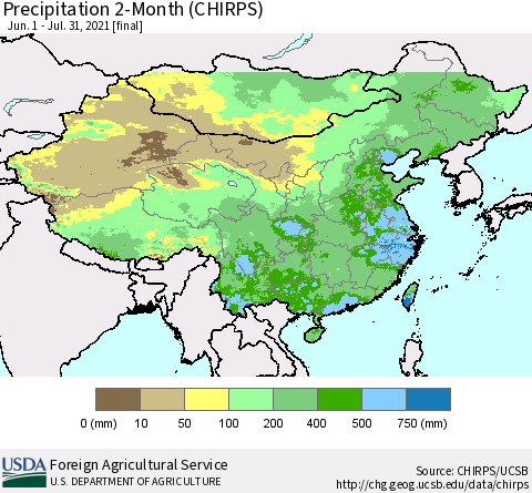 China, Mongolia and Taiwan Precipitation 2-Month (CHIRPS) Thematic Map For 6/1/2021 - 7/31/2021