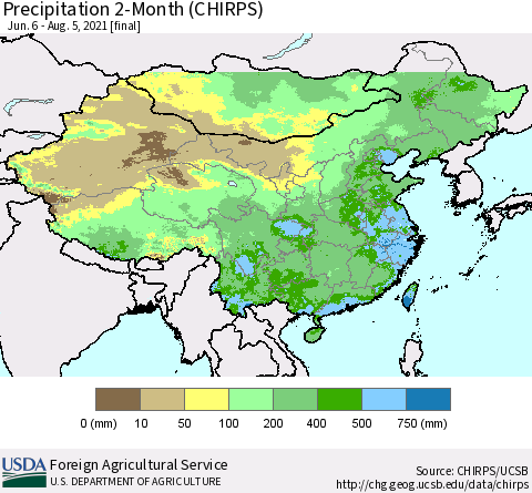 China, Mongolia and Taiwan Precipitation 2-Month (CHIRPS) Thematic Map For 6/6/2021 - 8/5/2021
