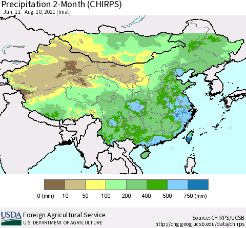 China, Mongolia and Taiwan Precipitation 2-Month (CHIRPS) Thematic Map For 6/11/2021 - 8/10/2021