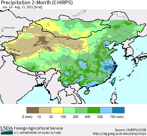China, Mongolia and Taiwan Precipitation 2-Month (CHIRPS) Thematic Map For 6/16/2021 - 8/15/2021