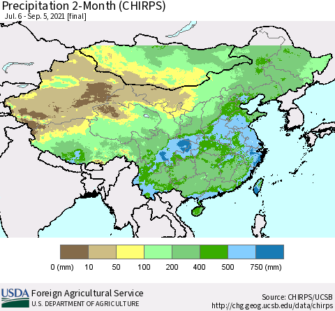 China, Mongolia and Taiwan Precipitation 2-Month (CHIRPS) Thematic Map For 7/6/2021 - 9/5/2021