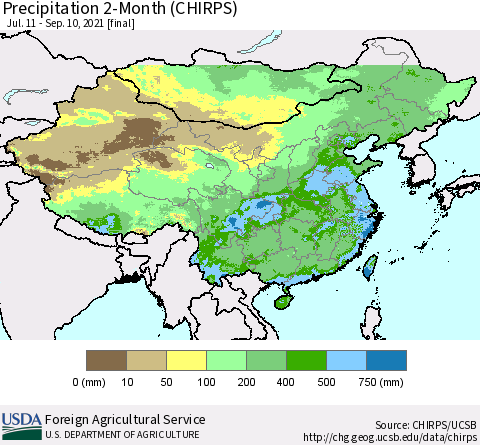 China, Mongolia and Taiwan Precipitation 2-Month (CHIRPS) Thematic Map For 7/11/2021 - 9/10/2021