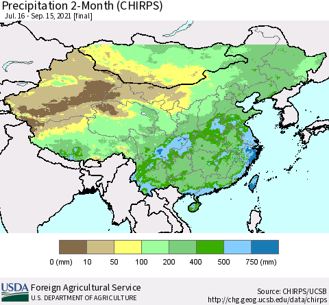 China, Mongolia and Taiwan Precipitation 2-Month (CHIRPS) Thematic Map For 7/16/2021 - 9/15/2021