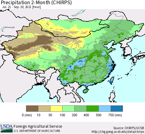 China, Mongolia and Taiwan Precipitation 2-Month (CHIRPS) Thematic Map For 7/21/2021 - 9/20/2021