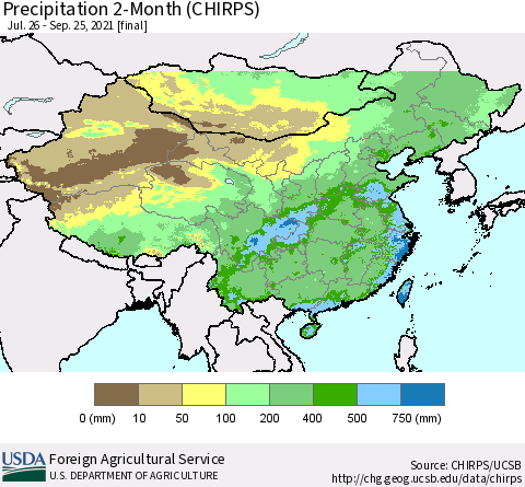 China, Mongolia and Taiwan Precipitation 2-Month (CHIRPS) Thematic Map For 7/26/2021 - 9/25/2021