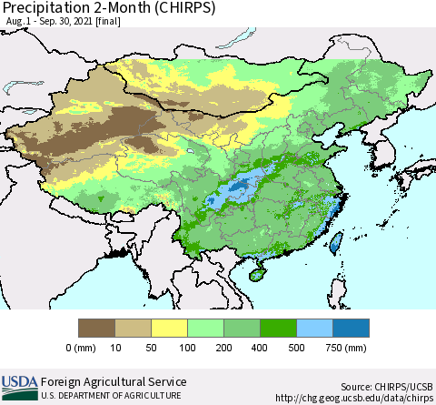 China, Mongolia and Taiwan Precipitation 2-Month (CHIRPS) Thematic Map For 8/1/2021 - 9/30/2021