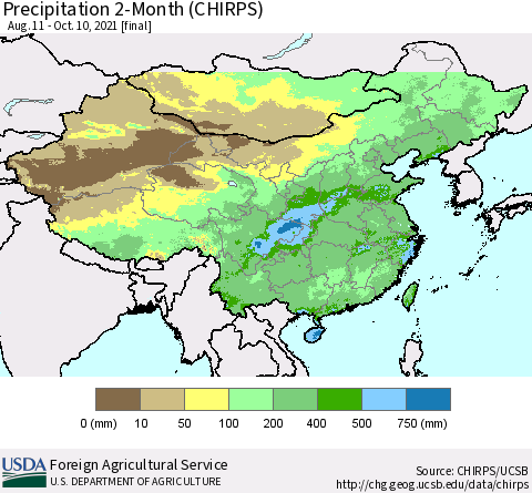 China, Mongolia and Taiwan Precipitation 2-Month (CHIRPS) Thematic Map For 8/11/2021 - 10/10/2021