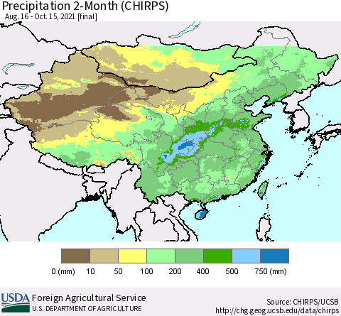 China, Mongolia and Taiwan Precipitation 2-Month (CHIRPS) Thematic Map For 8/16/2021 - 10/15/2021