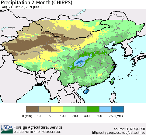 China, Mongolia and Taiwan Precipitation 2-Month (CHIRPS) Thematic Map For 8/21/2021 - 10/20/2021