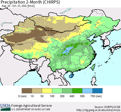 China, Mongolia and Taiwan Precipitation 2-Month (CHIRPS) Thematic Map For 8/26/2021 - 10/25/2021