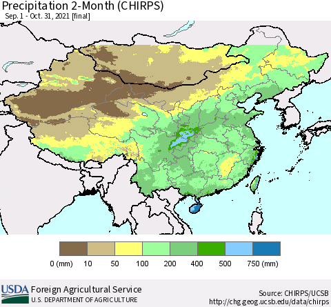 China, Mongolia and Taiwan Precipitation 2-Month (CHIRPS) Thematic Map For 9/1/2021 - 10/31/2021