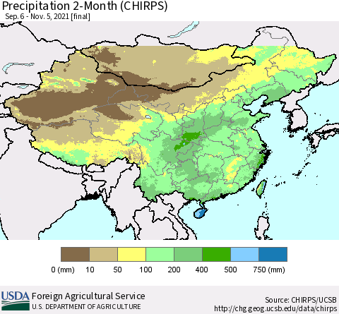 China, Mongolia and Taiwan Precipitation 2-Month (CHIRPS) Thematic Map For 9/6/2021 - 11/5/2021