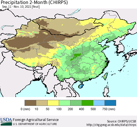 China, Mongolia and Taiwan Precipitation 2-Month (CHIRPS) Thematic Map For 9/11/2021 - 11/10/2021