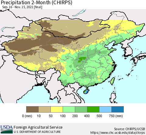 China, Mongolia and Taiwan Precipitation 2-Month (CHIRPS) Thematic Map For 9/16/2021 - 11/15/2021