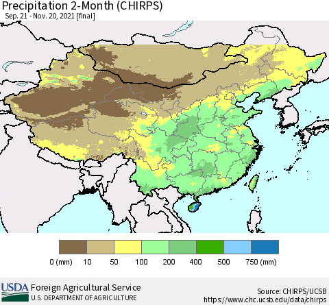 China, Mongolia and Taiwan Precipitation 2-Month (CHIRPS) Thematic Map For 9/21/2021 - 11/20/2021