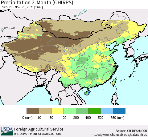 China, Mongolia and Taiwan Precipitation 2-Month (CHIRPS) Thematic Map For 9/26/2021 - 11/25/2021