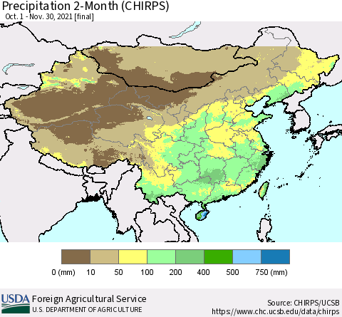 China, Mongolia and Taiwan Precipitation 2-Month (CHIRPS) Thematic Map For 10/1/2021 - 11/30/2021