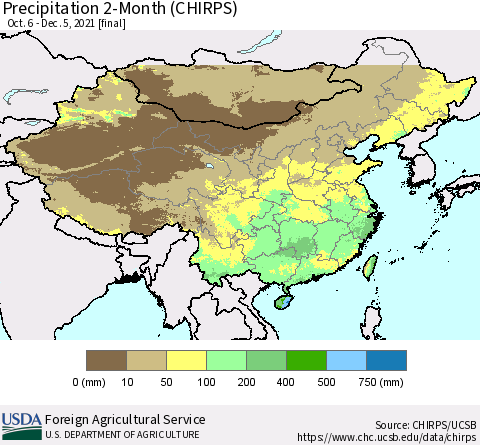 China, Mongolia and Taiwan Precipitation 2-Month (CHIRPS) Thematic Map For 10/6/2021 - 12/5/2021