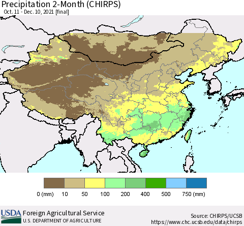 China, Mongolia and Taiwan Precipitation 2-Month (CHIRPS) Thematic Map For 10/11/2021 - 12/10/2021