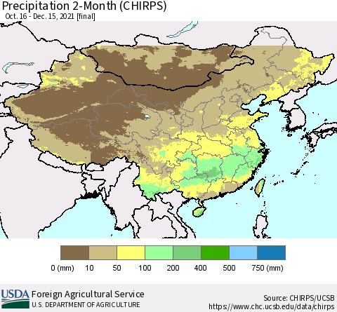 China, Mongolia and Taiwan Precipitation 2-Month (CHIRPS) Thematic Map For 10/16/2021 - 12/15/2021