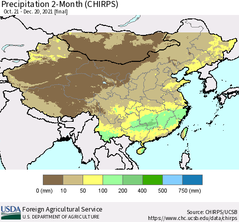 China, Mongolia and Taiwan Precipitation 2-Month (CHIRPS) Thematic Map For 10/21/2021 - 12/20/2021