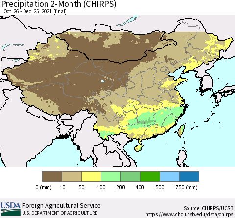 China, Mongolia and Taiwan Precipitation 2-Month (CHIRPS) Thematic Map For 10/26/2021 - 12/25/2021
