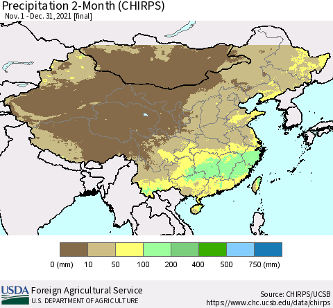 China, Mongolia and Taiwan Precipitation 2-Month (CHIRPS) Thematic Map For 11/1/2021 - 12/31/2021