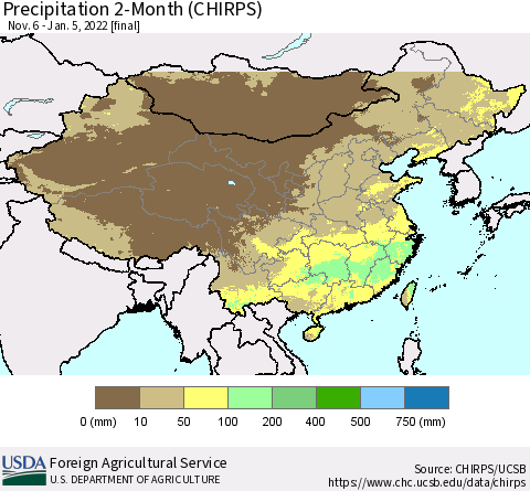 China, Mongolia and Taiwan Precipitation 2-Month (CHIRPS) Thematic Map For 11/6/2021 - 1/5/2022