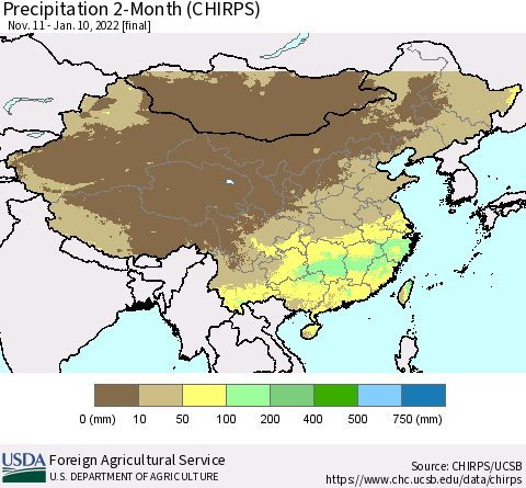 China, Mongolia and Taiwan Precipitation 2-Month (CHIRPS) Thematic Map For 11/11/2021 - 1/10/2022