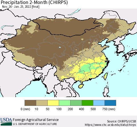 China, Mongolia and Taiwan Precipitation 2-Month (CHIRPS) Thematic Map For 11/26/2021 - 1/25/2022