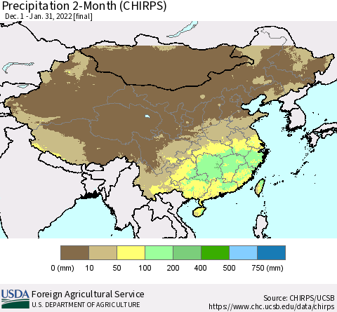 China, Mongolia and Taiwan Precipitation 2-Month (CHIRPS) Thematic Map For 12/1/2021 - 1/31/2022