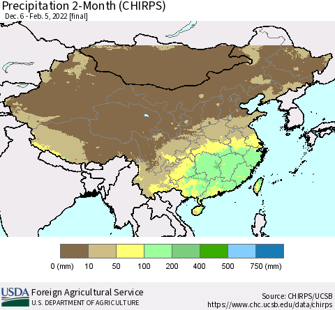 China, Mongolia and Taiwan Precipitation 2-Month (CHIRPS) Thematic Map For 12/6/2021 - 2/5/2022