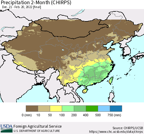 China, Mongolia and Taiwan Precipitation 2-Month (CHIRPS) Thematic Map For 12/21/2021 - 2/20/2022