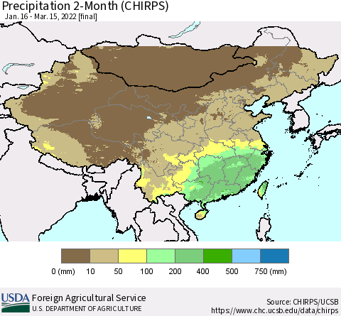 China, Mongolia and Taiwan Precipitation 2-Month (CHIRPS) Thematic Map For 1/16/2022 - 3/15/2022