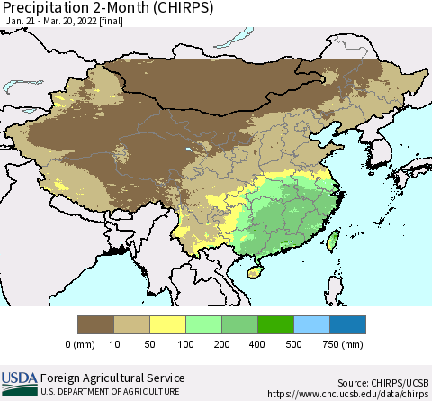 China, Mongolia and Taiwan Precipitation 2-Month (CHIRPS) Thematic Map For 1/21/2022 - 3/20/2022